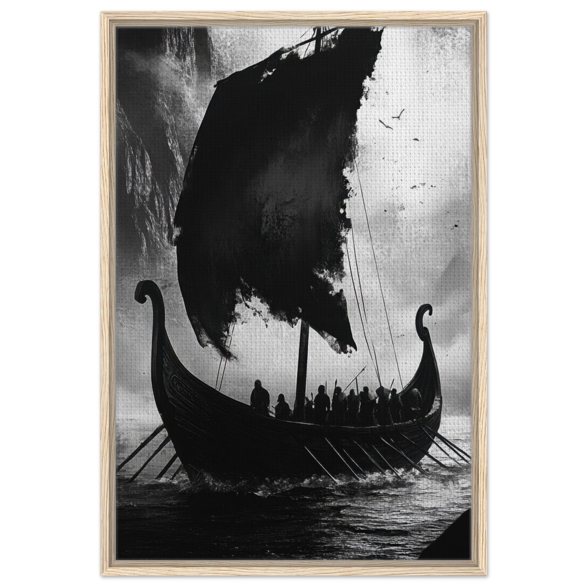 Framed Canvas Portrait - The Ghostly Viking Longship Dark Nordic Ink Met - Shop Ai Art WebShop - Digital Art online Store
