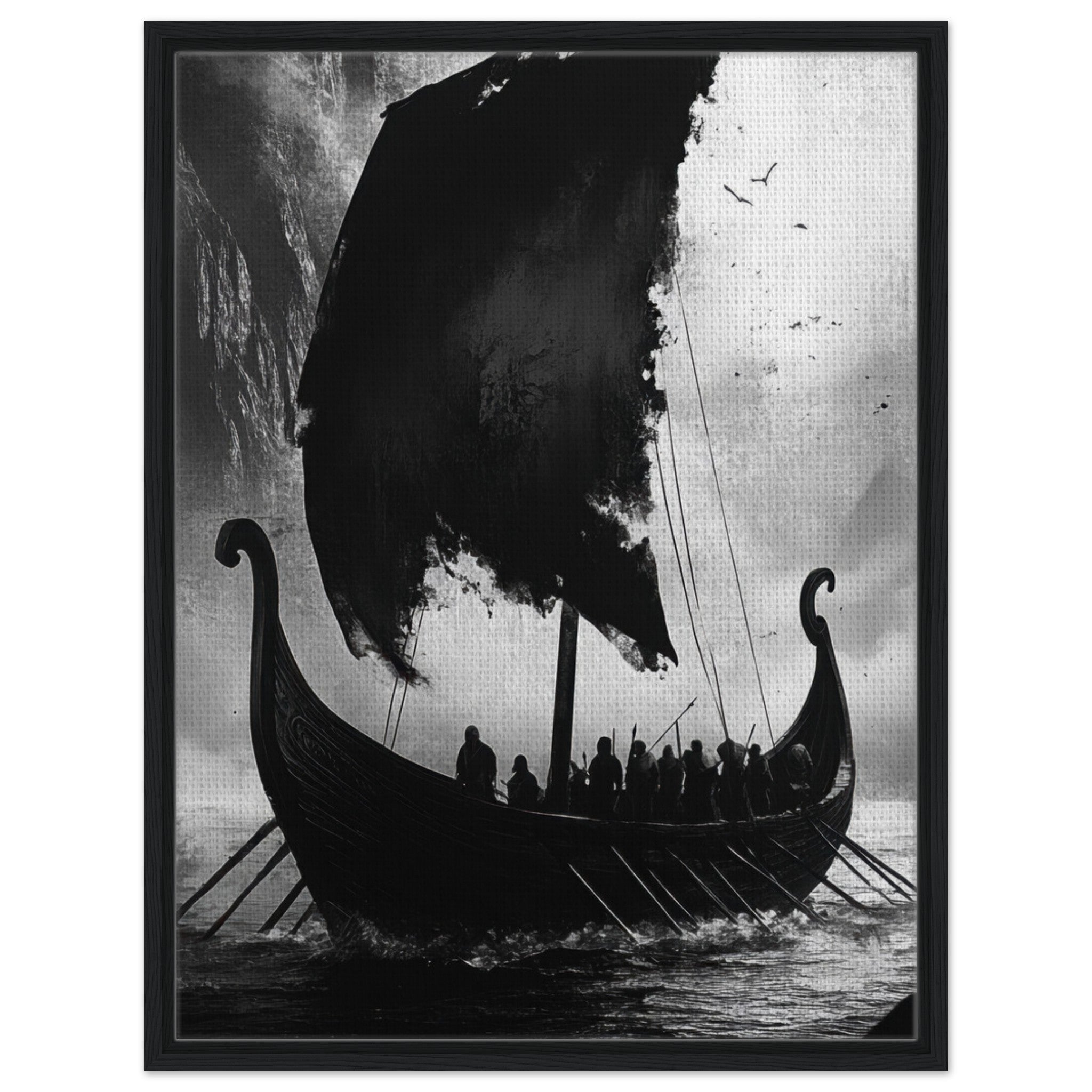 Framed Canvas Portrait - The Ghostly Viking Longship Dark Nordic Ink Met - Shop Ai Art WebShop - Digital Art online Store
