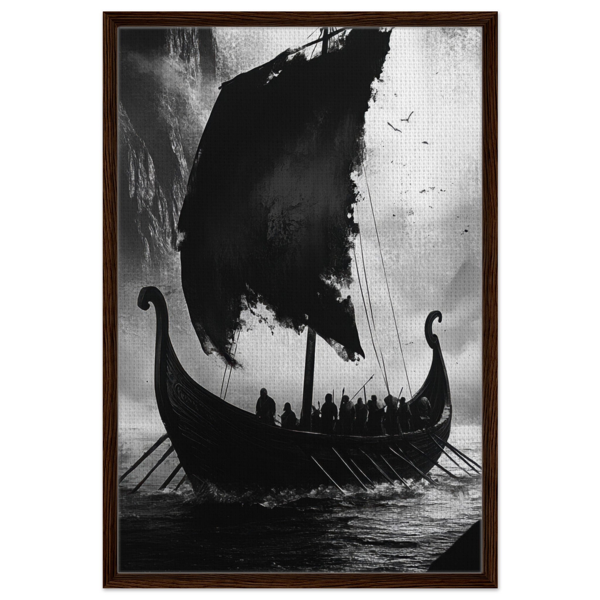 Framed Canvas Portrait - The Ghostly Viking Longship Dark Nordic Ink Met - Shop Ai Art WebShop - Digital Art online Store