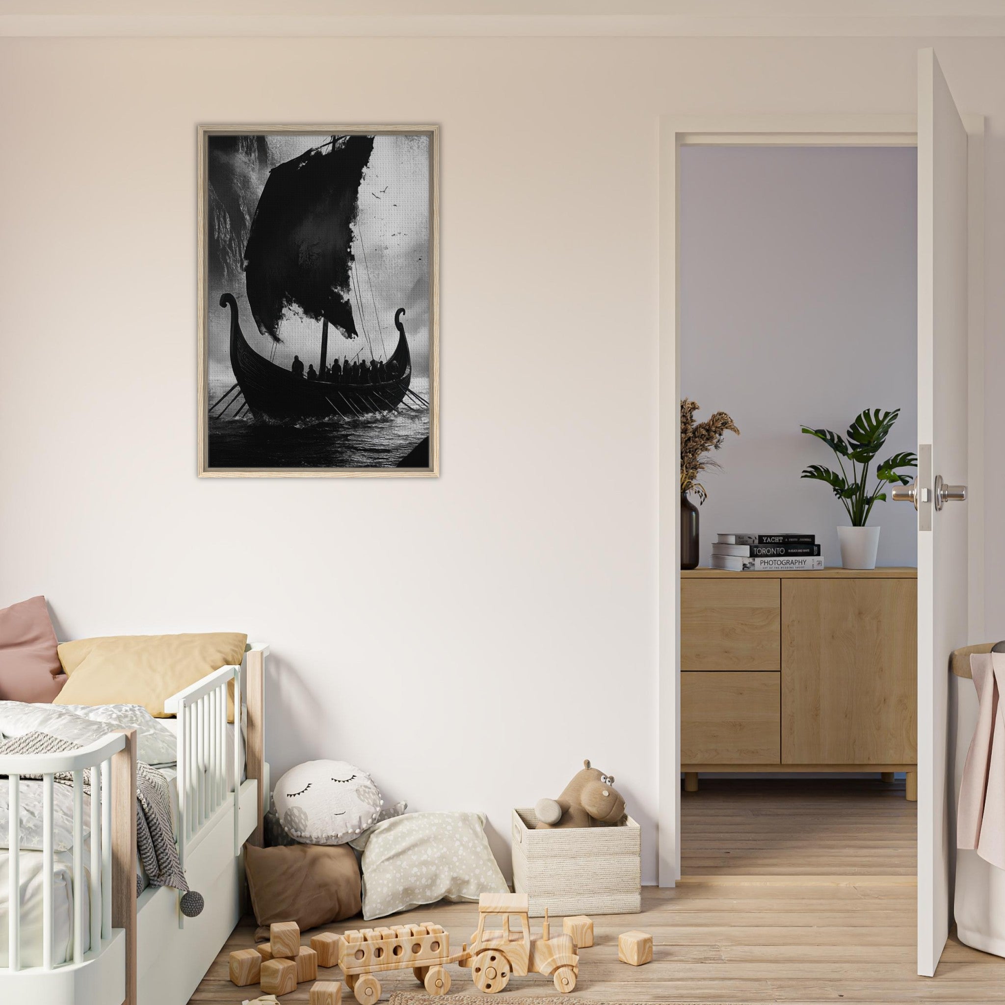 Framed Canvas Portrait - The Ghostly Viking Longship Dark Nordic Ink Met - Shop Ai Art WebShop - Digital Art online Store
