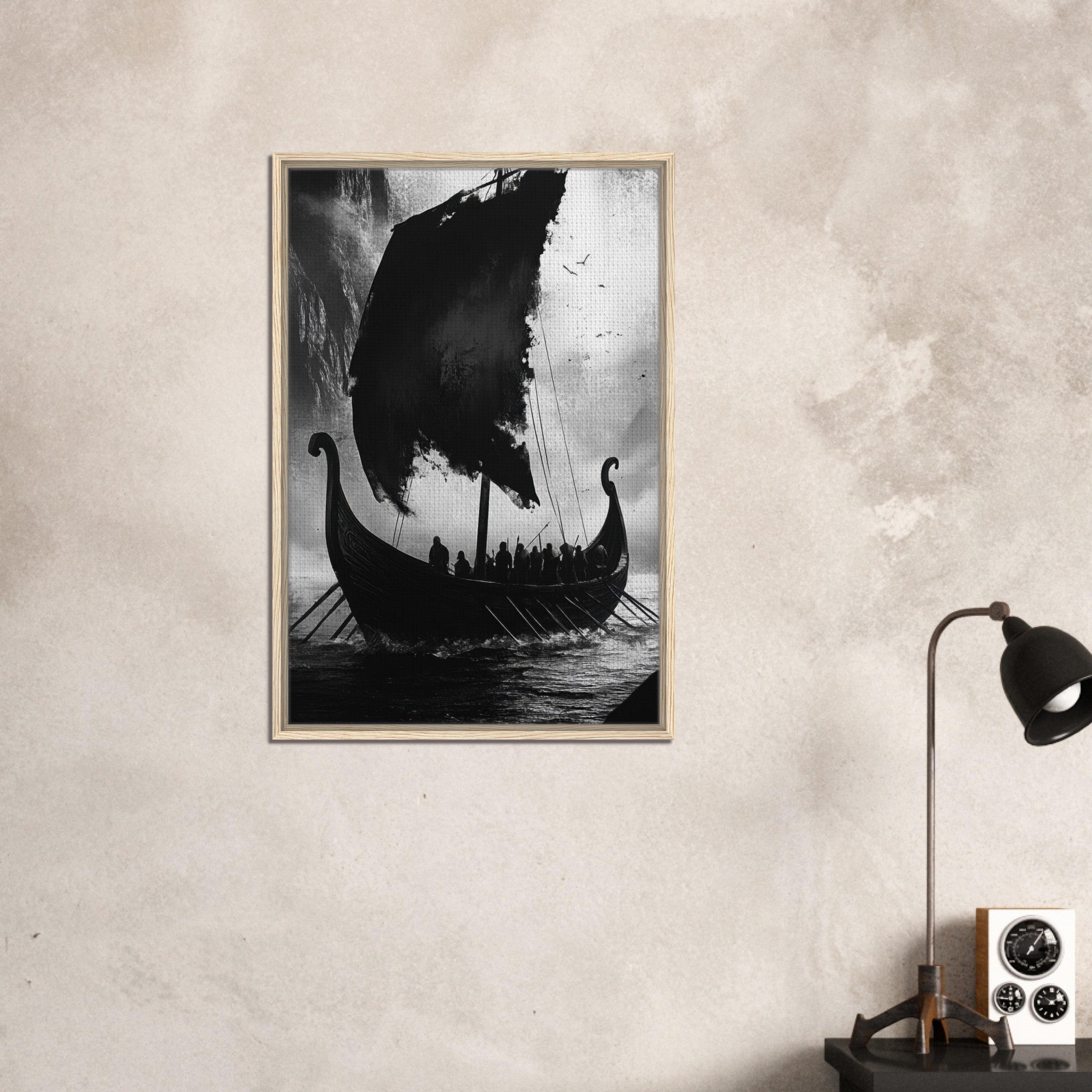 Framed Canvas Portrait - The Ghostly Viking Longship Dark Nordic Ink Met - Shop Ai Art WebShop - Digital Art online Store