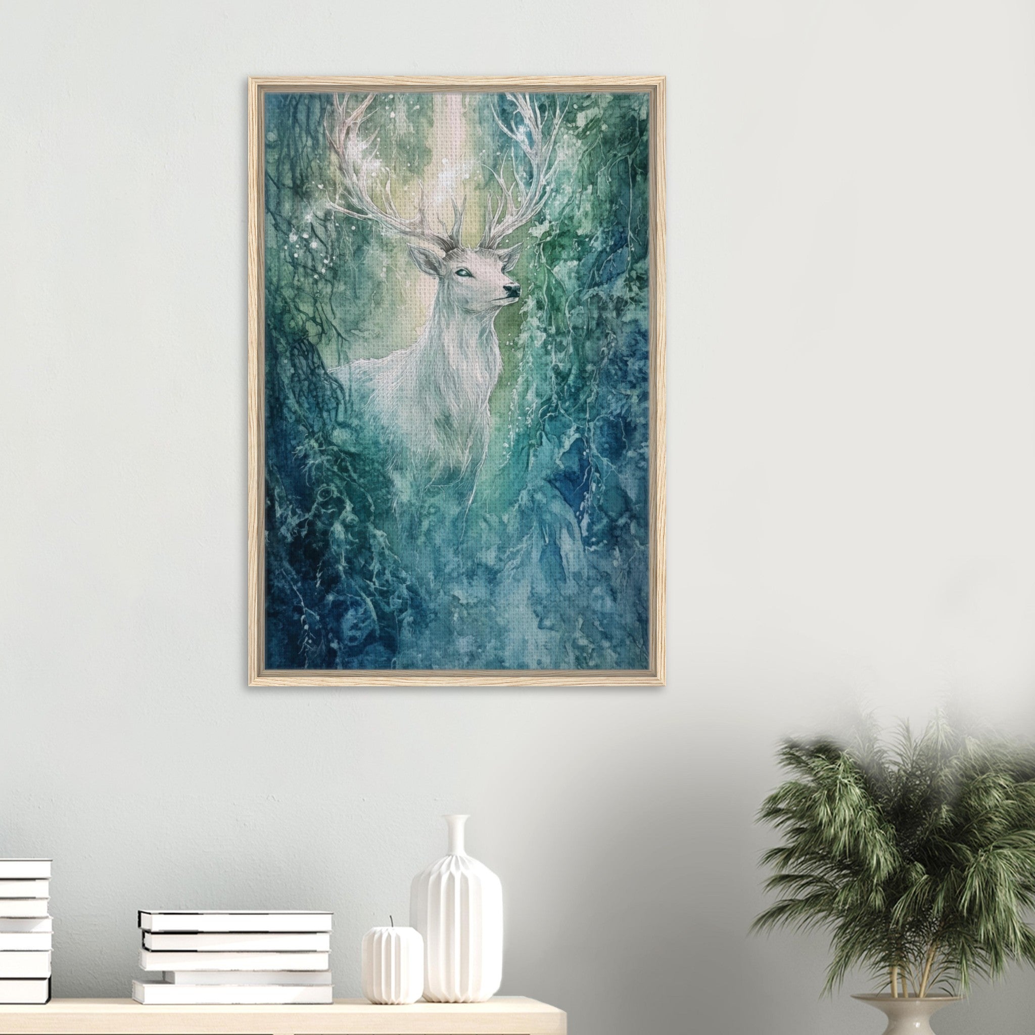 Framed Canvas Portrait - The Silver Stag of the Enchanted Glade Fantasy 2 - Shop Ai Art WebShop - Digital Art online Store