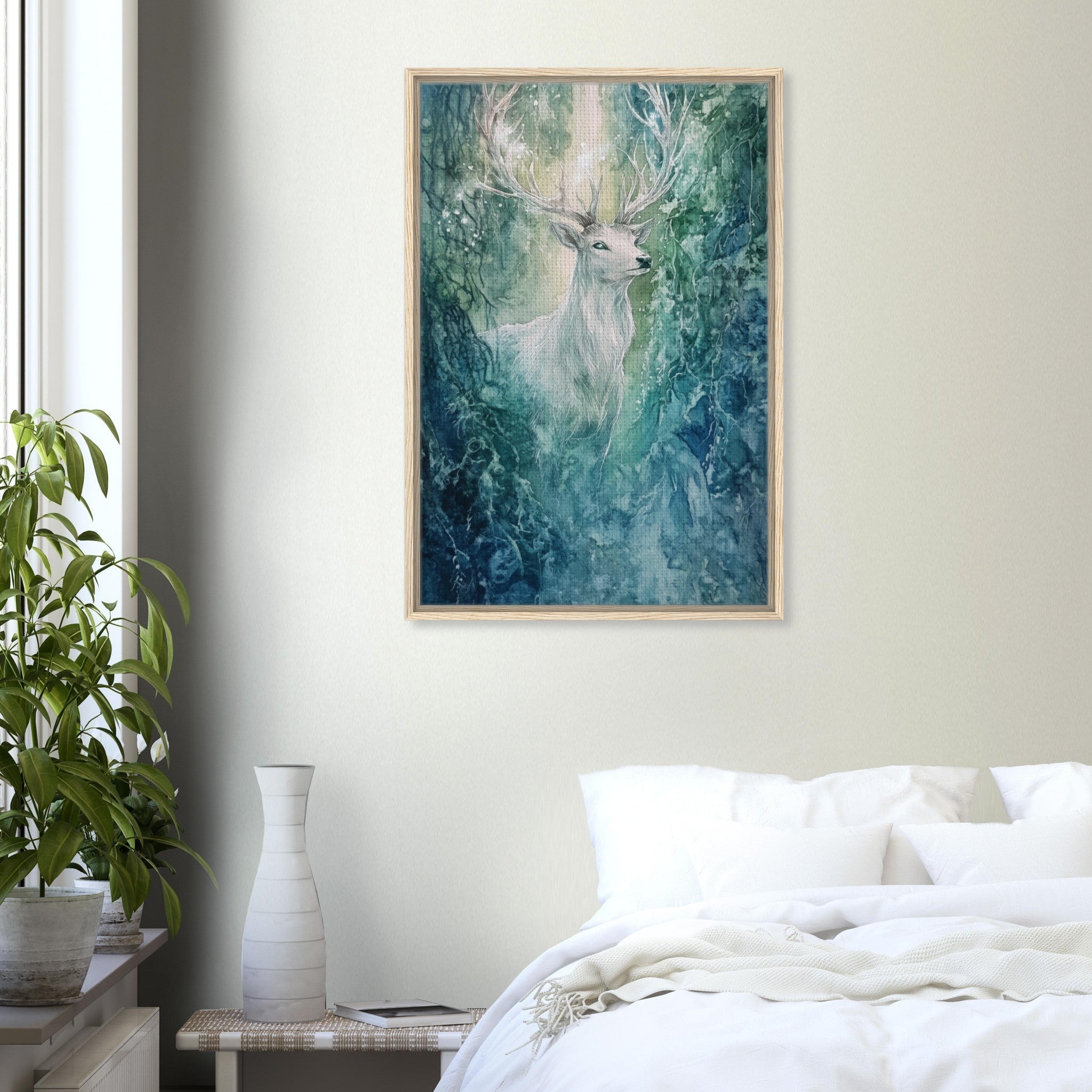 Framed Canvas Portrait - The Silver Stag of the Enchanted Glade Fantasy 2 - Shop Ai Art WebShop - Digital Art online Store