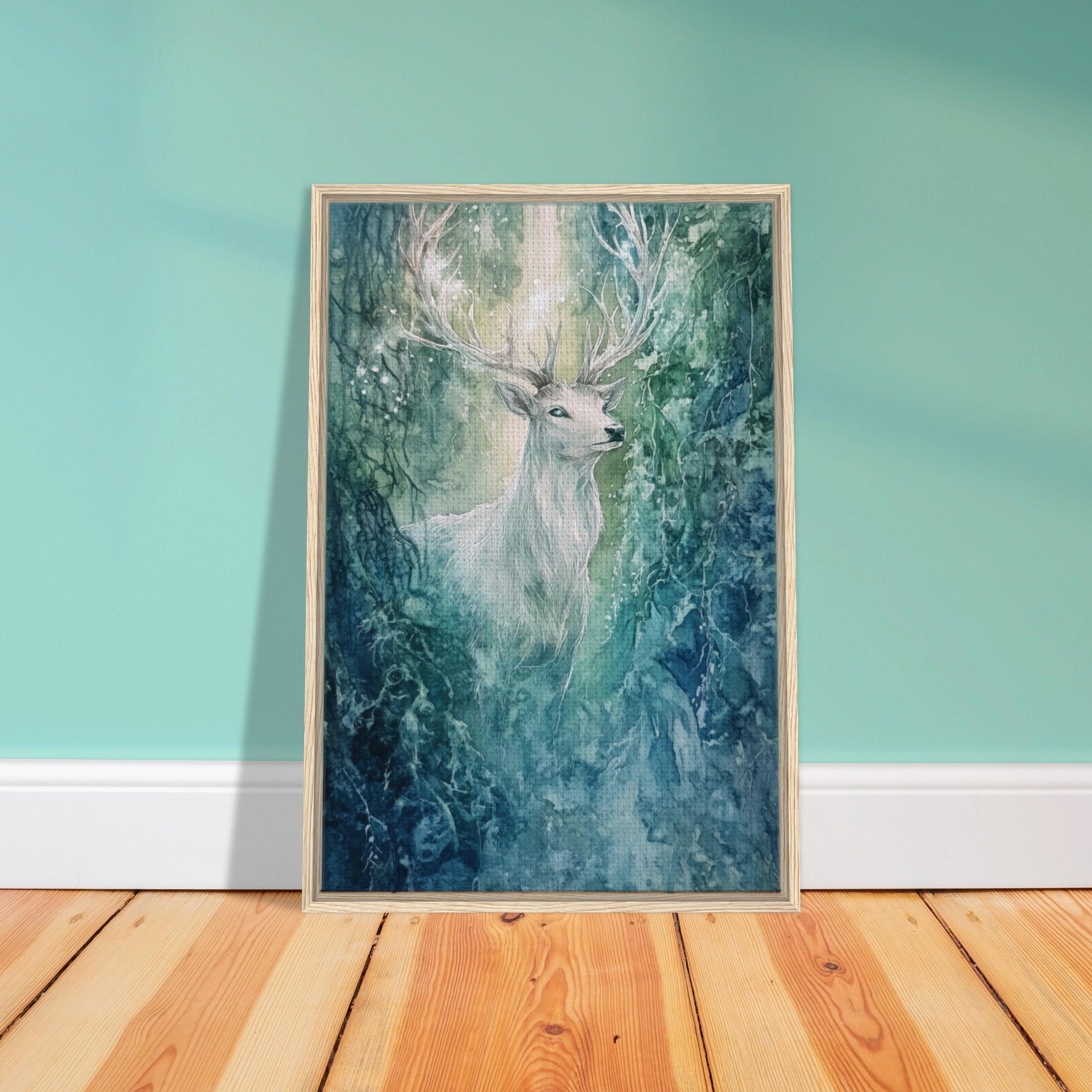 Framed Canvas Portrait - The Silver Stag of the Enchanted Glade Fantasy 2 - Shop Ai Art WebShop - Digital Art online Store