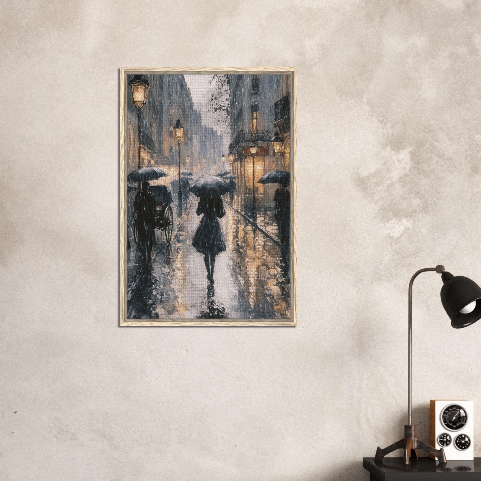 Framed Canvas Portrait - Urban Rain Scene A rainy Parisian street in the 3 - Shop Ai Art WebShop - Digital Art online Store