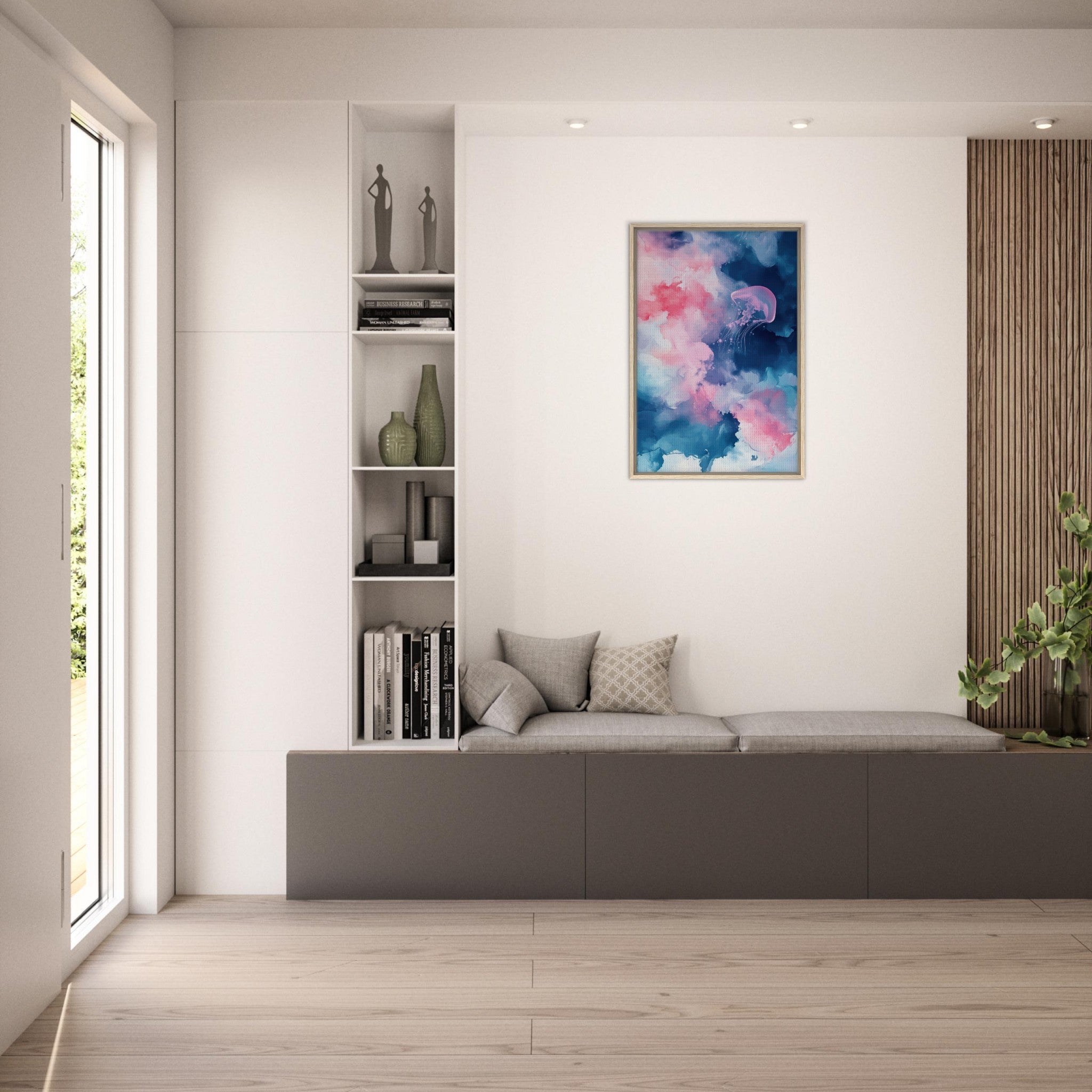 Framed Canvas Portrait - Watercolor Jellyfish Drift Graceful jellyfish - Shop Ai Art WebShop - Digital Art online Store
