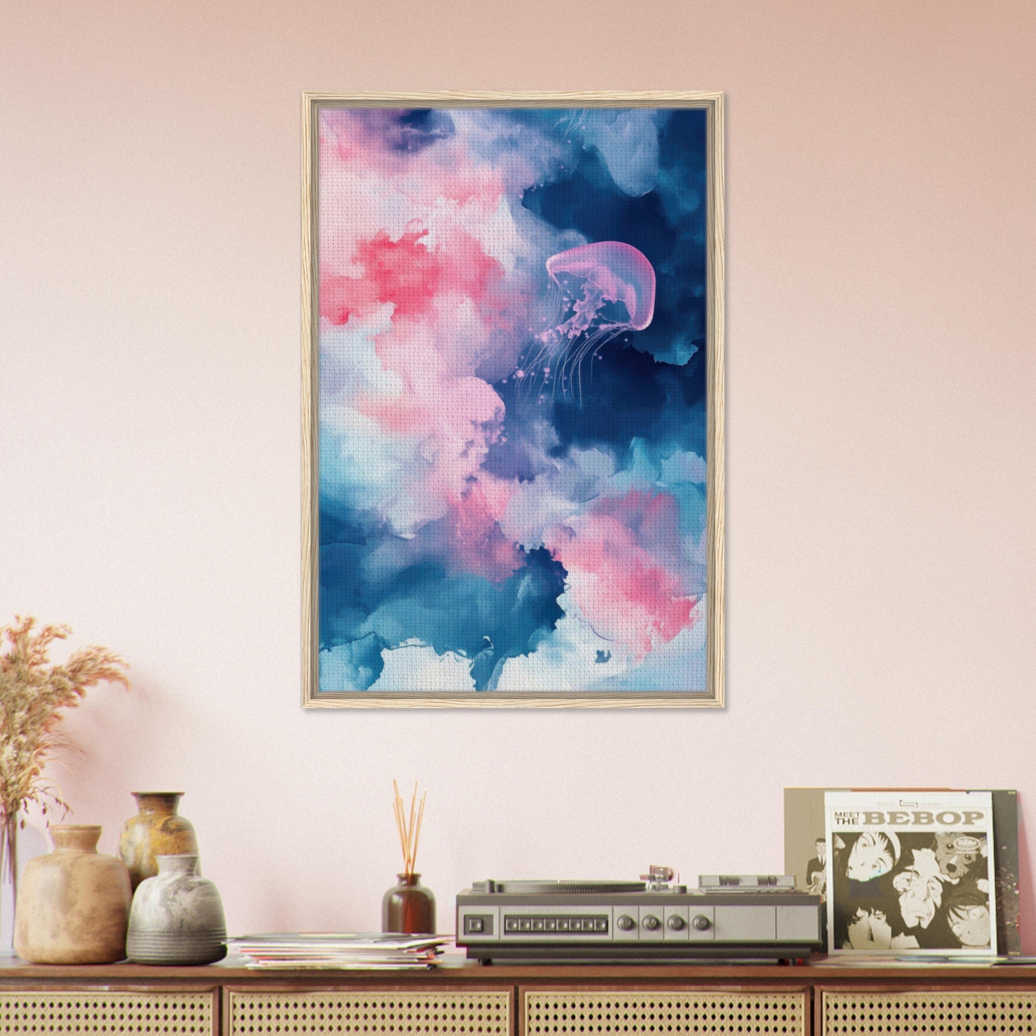 Framed Canvas Portrait - Watercolor Jellyfish Drift Graceful jellyfish - Shop Ai Art WebShop - Digital Art online Store