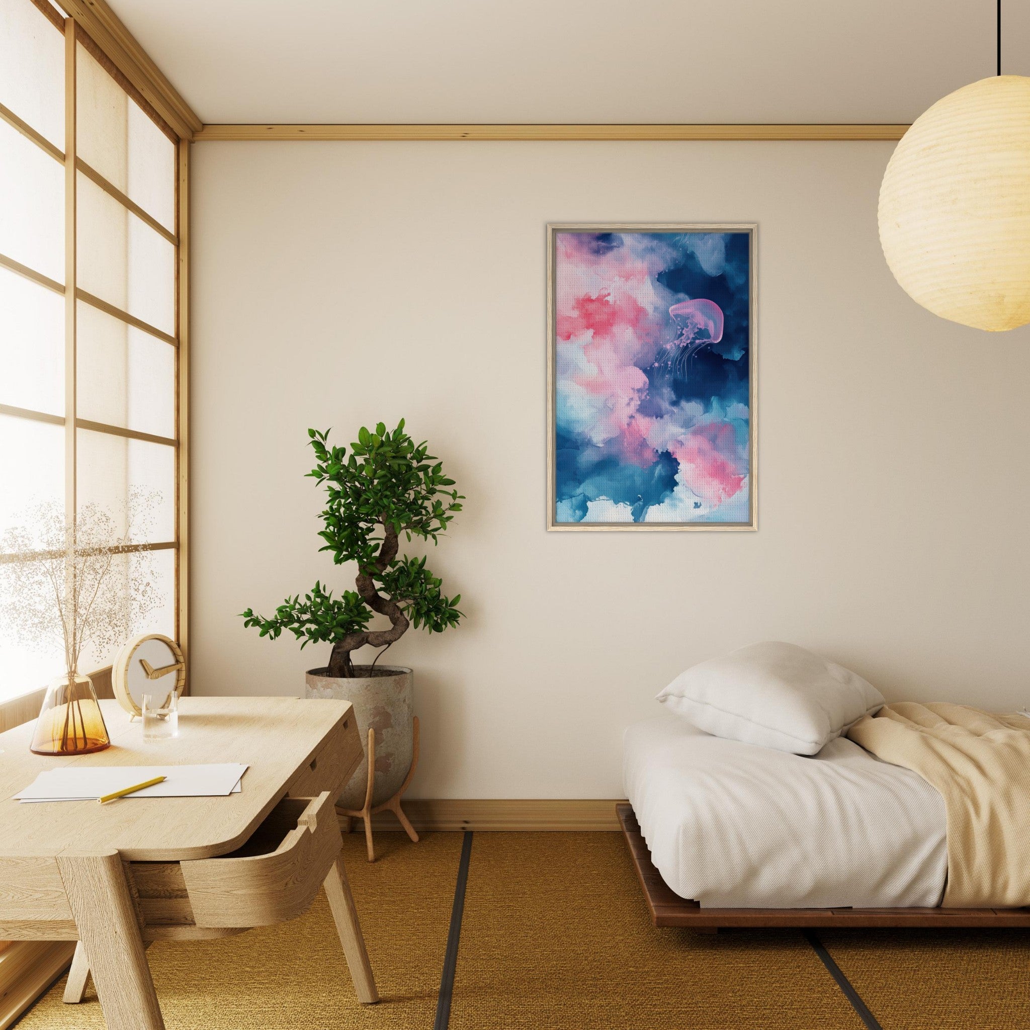 Framed Canvas Portrait - Watercolor Jellyfish Drift Graceful jellyfish - Shop Ai Art WebShop - Digital Art online Store