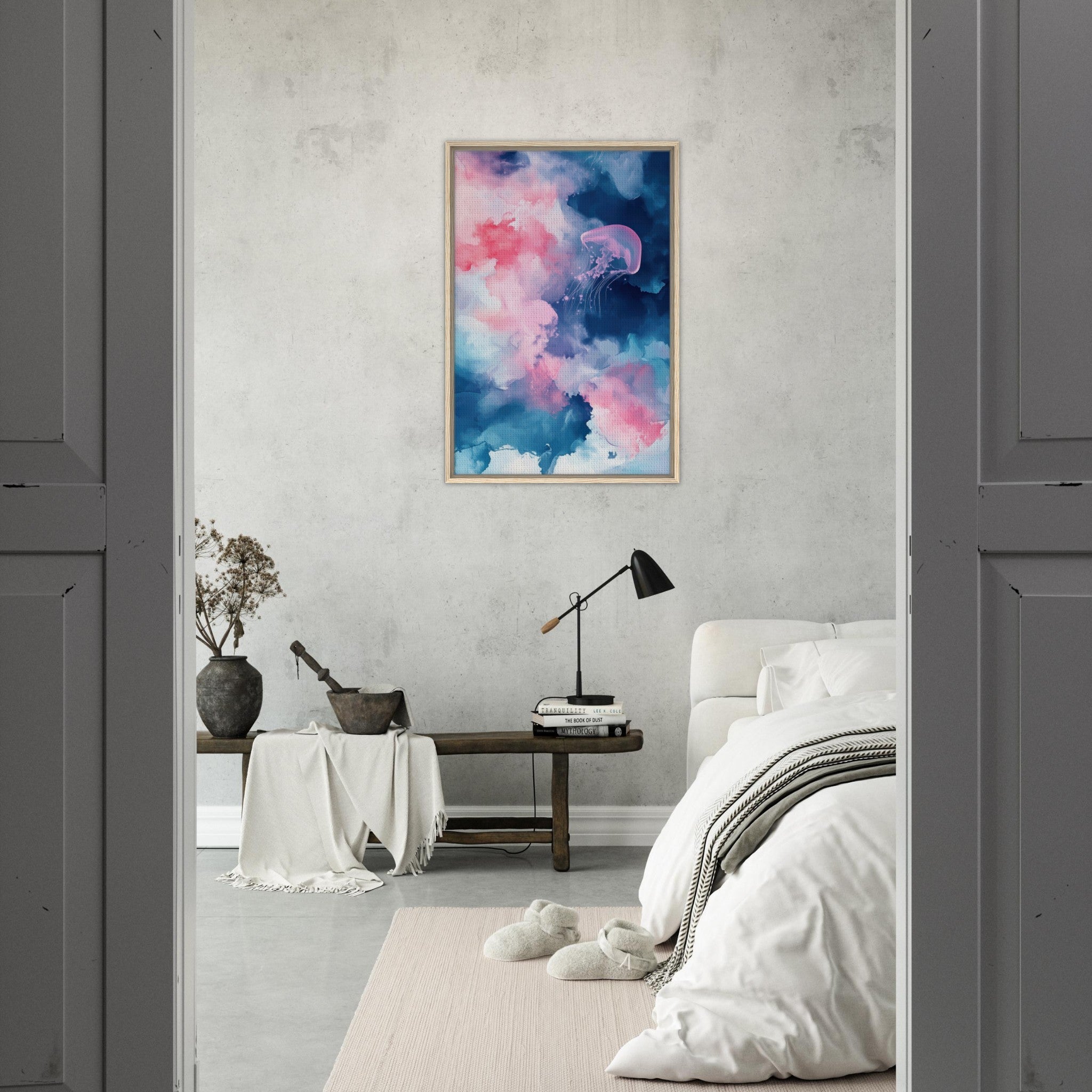 Framed Canvas Portrait - Watercolor Jellyfish Drift Graceful jellyfish - Shop Ai Art WebShop - Digital Art online Store