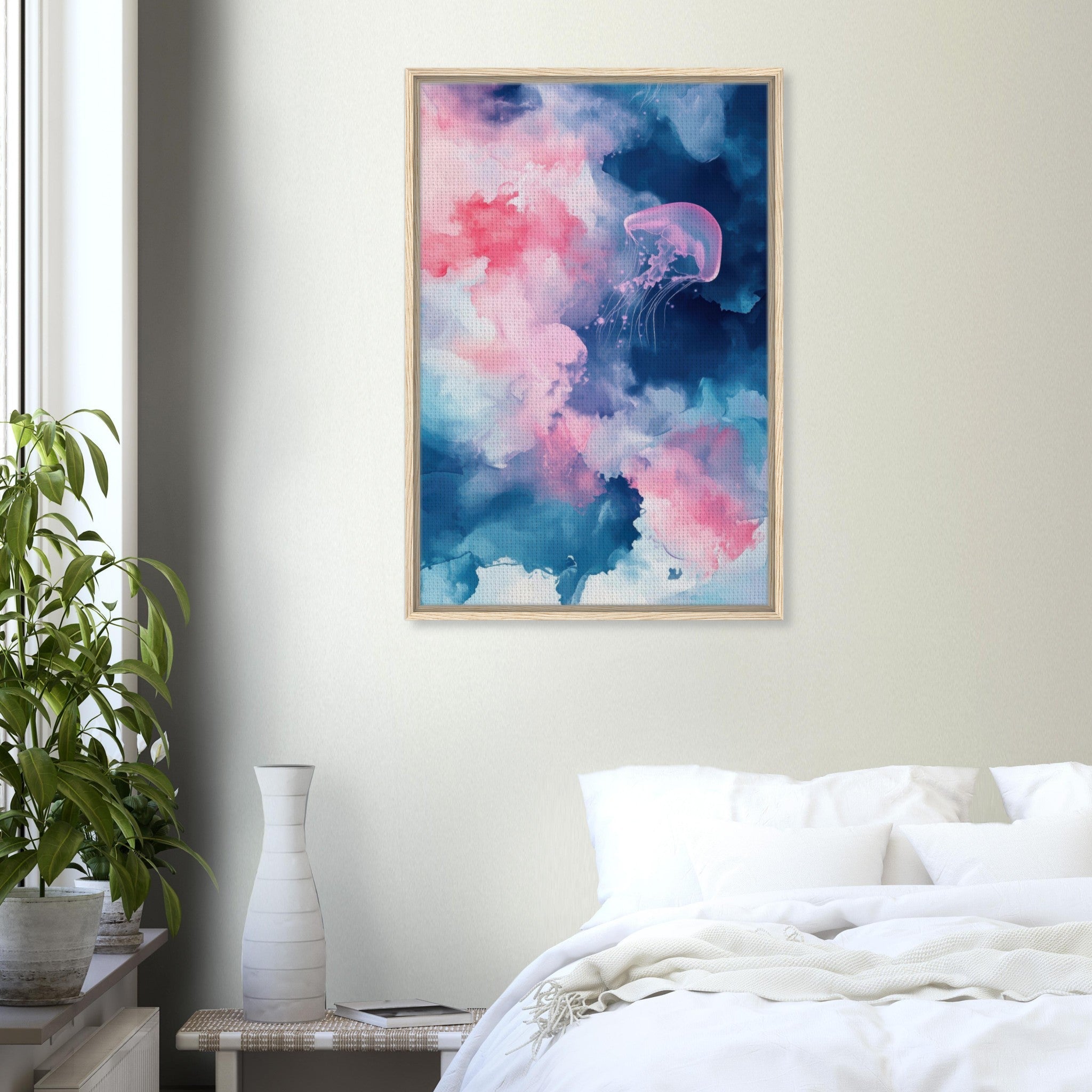 Framed Canvas Portrait - Watercolor Jellyfish Drift Graceful jellyfish - Shop Ai Art WebShop - Digital Art online Store