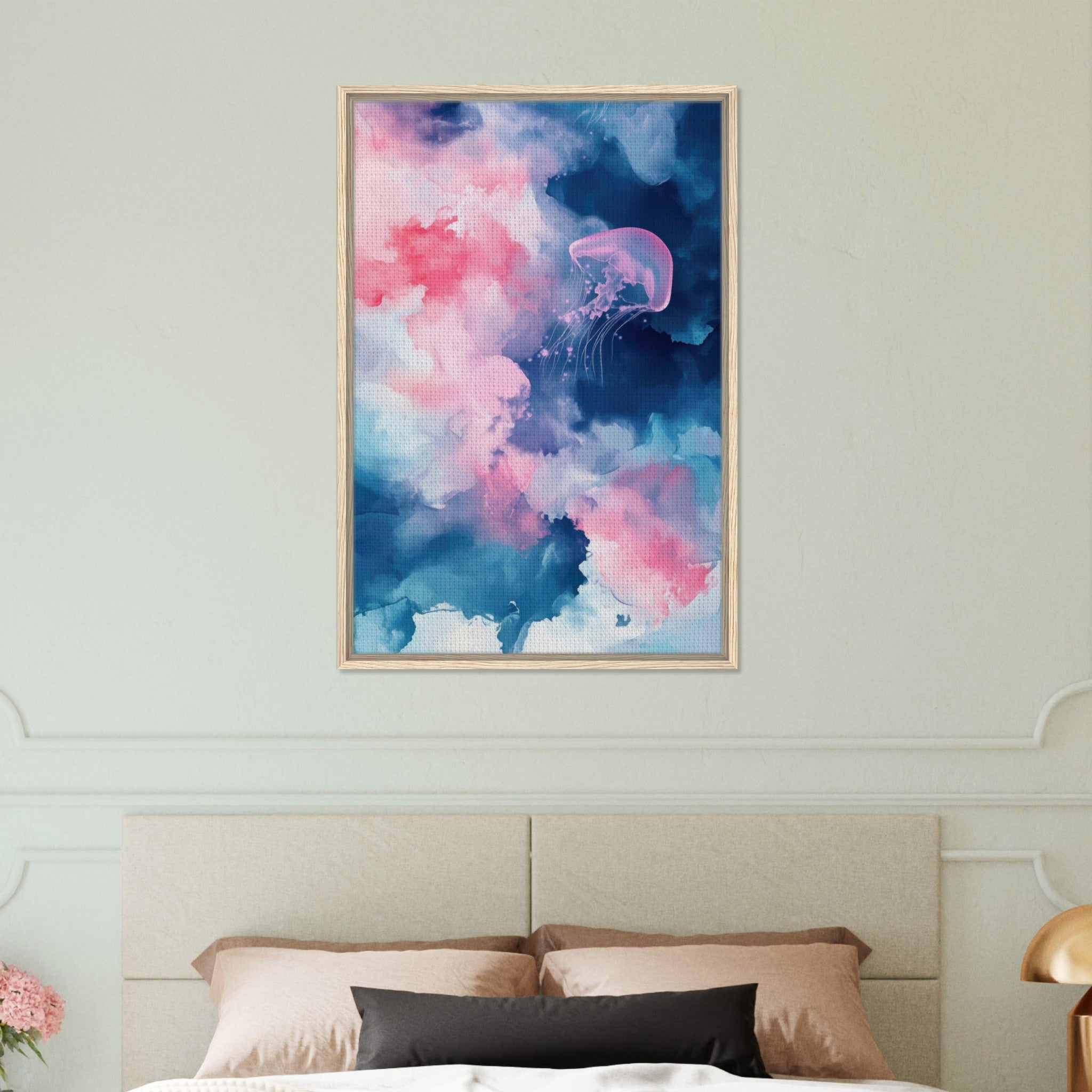 Framed Canvas Portrait - Watercolor Jellyfish Drift Graceful jellyfish - Shop Ai Art WebShop - Digital Art online Store