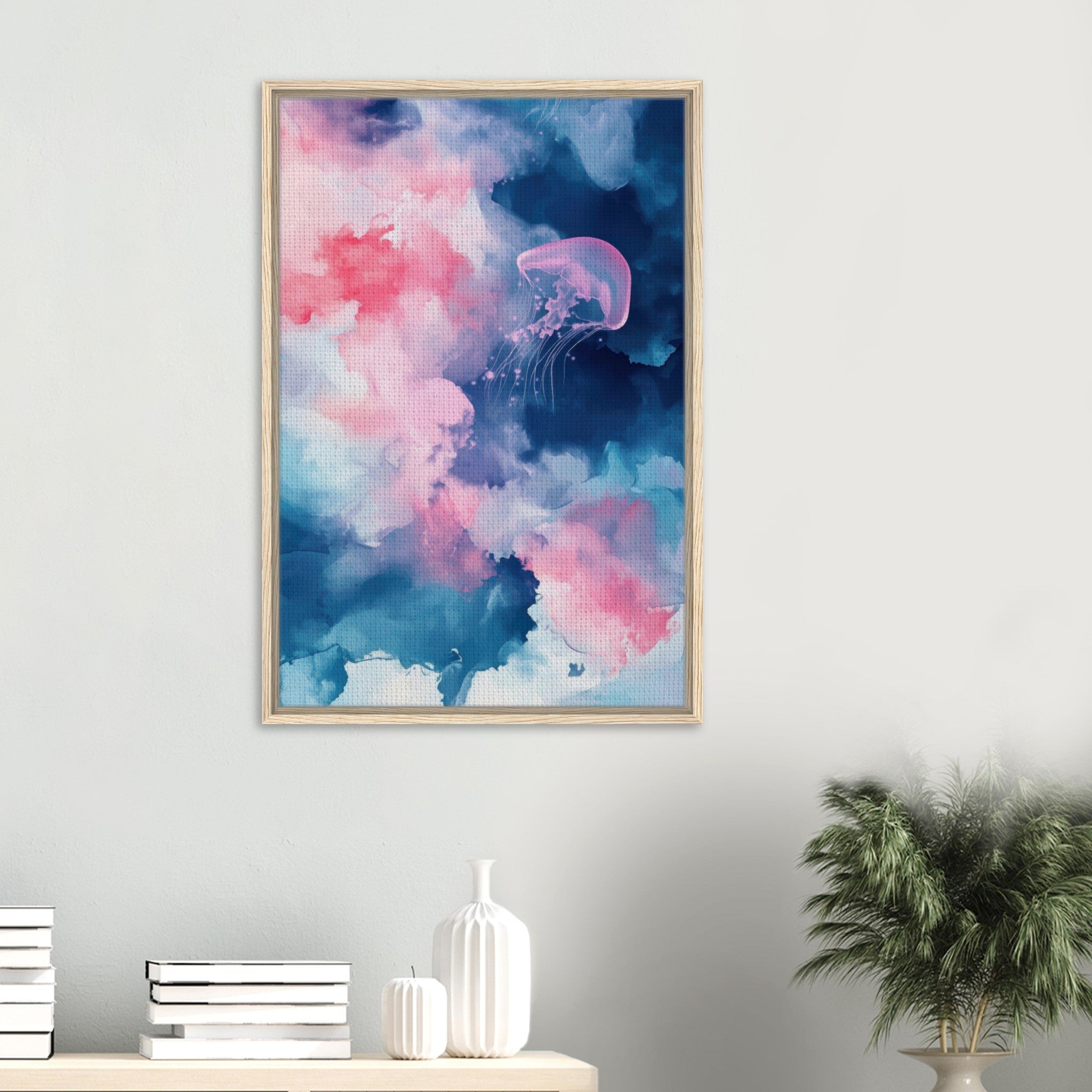 Framed Canvas Portrait - Watercolor Jellyfish Drift Graceful jellyfish - Shop Ai Art WebShop - Digital Art online Store