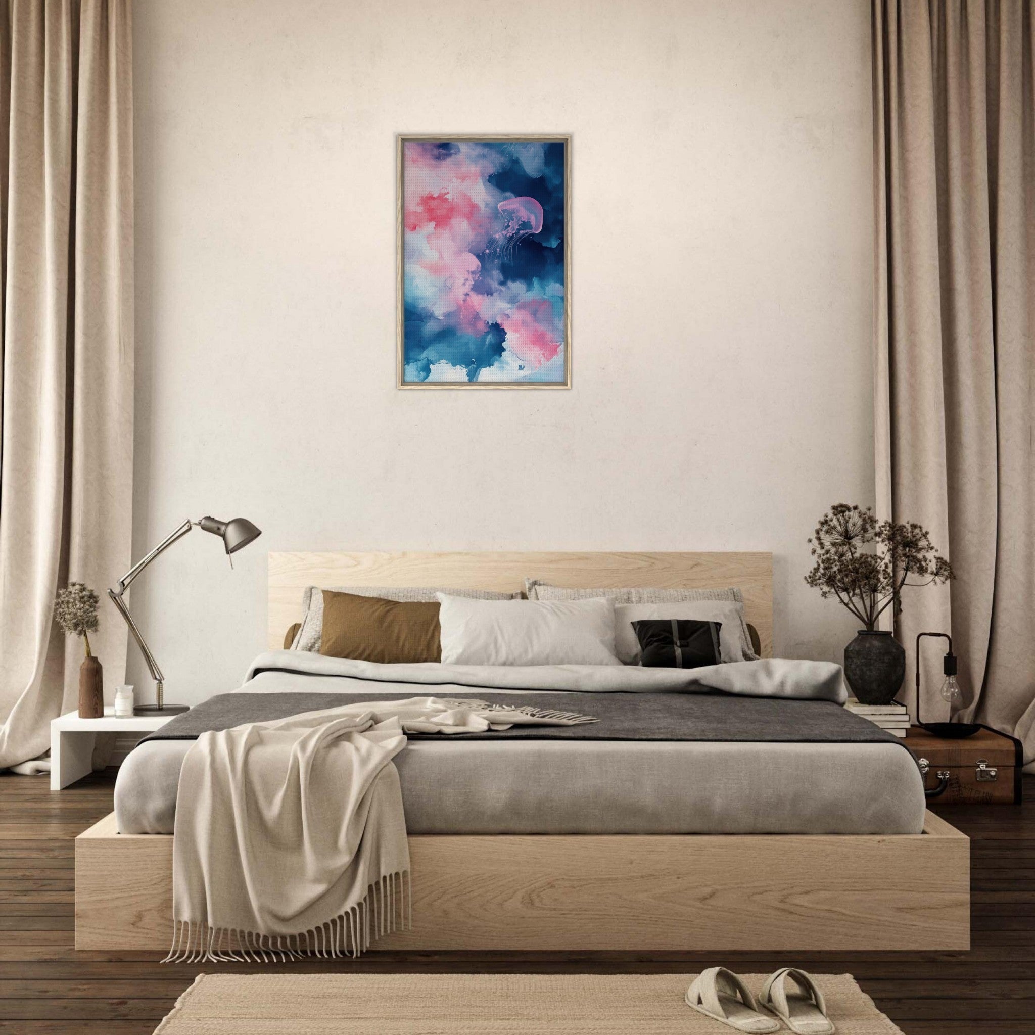Framed Canvas Portrait - Watercolor Jellyfish Drift Graceful jellyfish - Shop Ai Art WebShop - Digital Art online Store