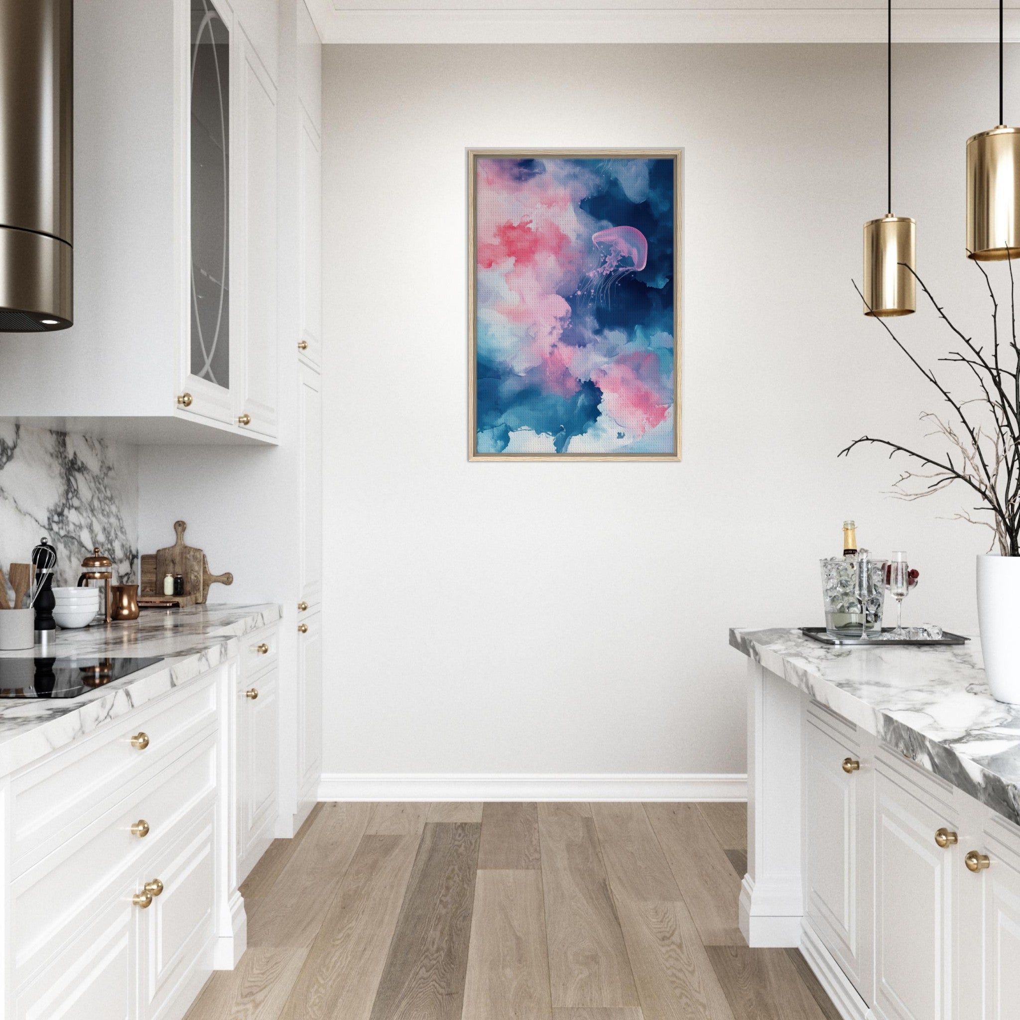 Framed Canvas Portrait - Watercolor Jellyfish Drift Graceful jellyfish - Shop Ai Art WebShop - Digital Art online Store