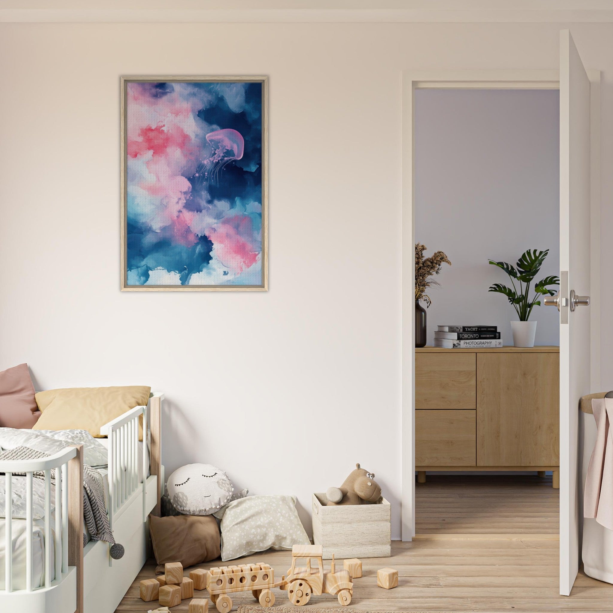 Framed Canvas Portrait - Watercolor Jellyfish Drift Graceful jellyfish - Shop Ai Art WebShop - Digital Art online Store