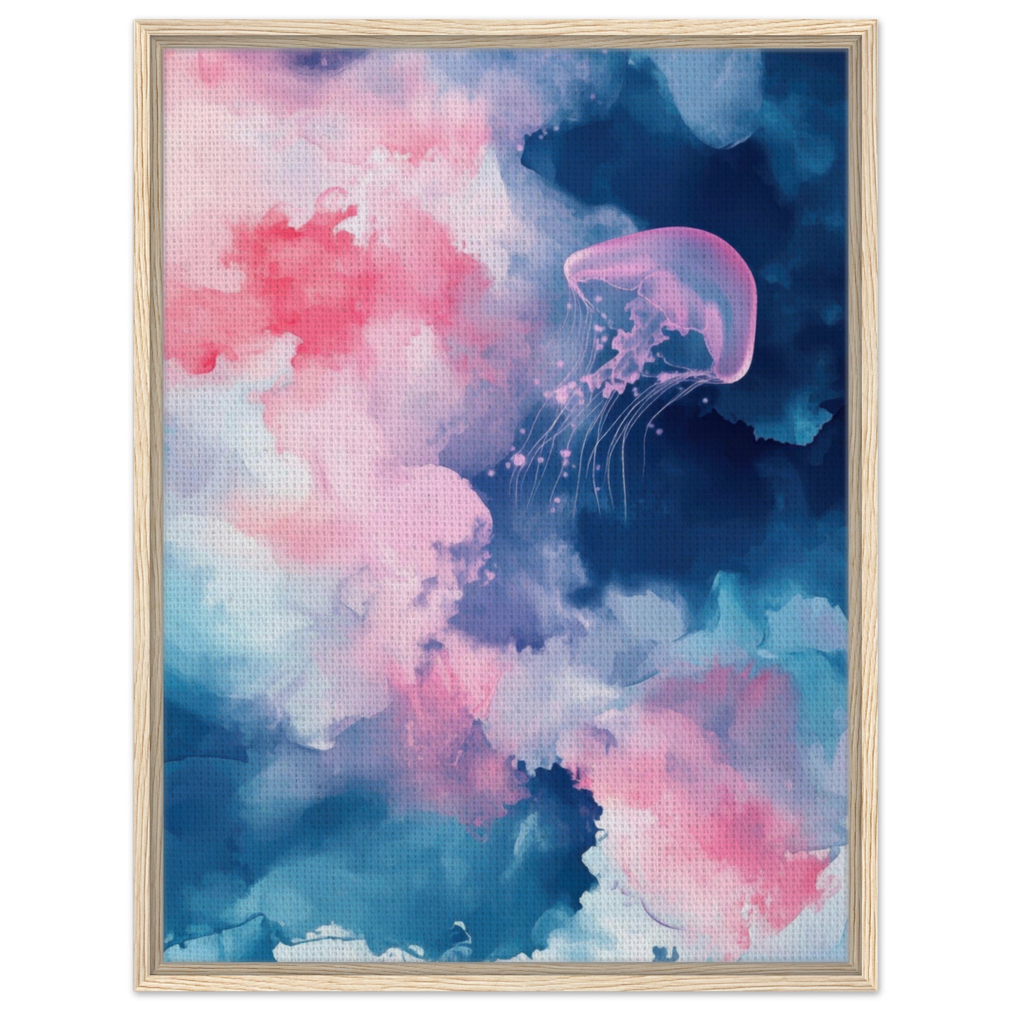 Framed Canvas Portrait - Watercolor Jellyfish Drift Graceful jellyfish - Shop Ai Art WebShop - Digital Art online Store