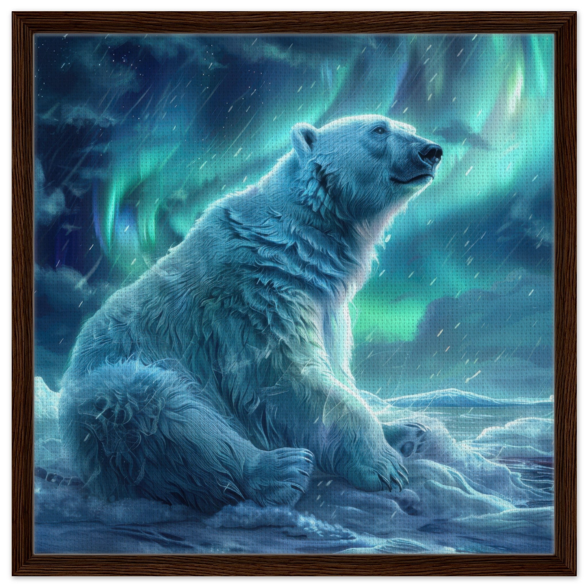 Framed Canvas Square - Polar Bear in the cold Night Enjoying the Northern Lights - Ai Art Force