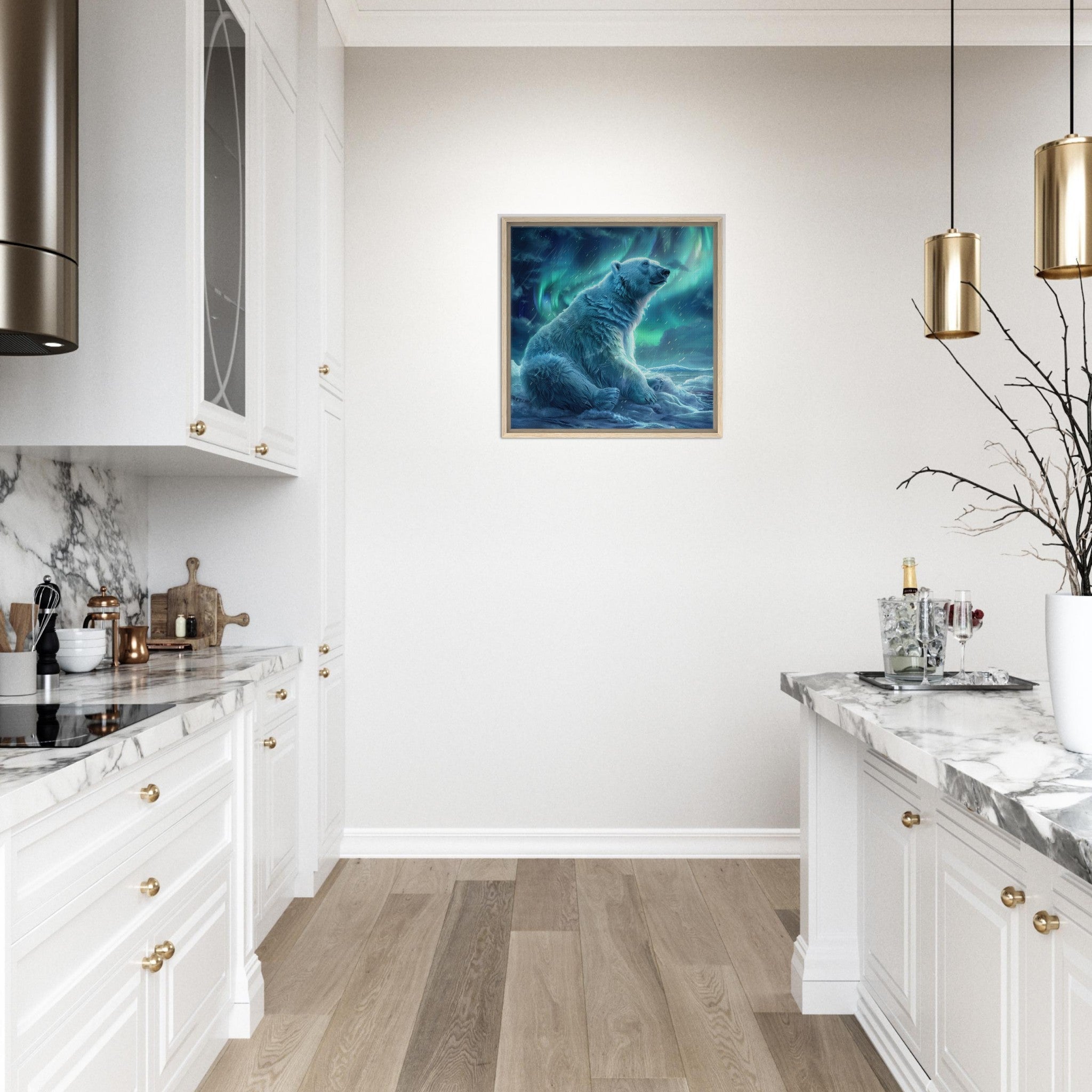 Framed Canvas Square - Polar Bear in the cold Night Enjoying the Northern Lights - Ai Art Force